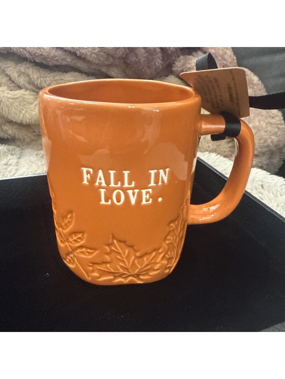 Rae Dunn Orange Ceramic Mug "FALL IN LOVE" W/ Sculpted Leaf Design- NWT